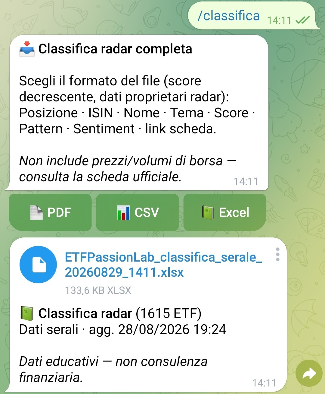 File Excel classifica ricevuto in chat