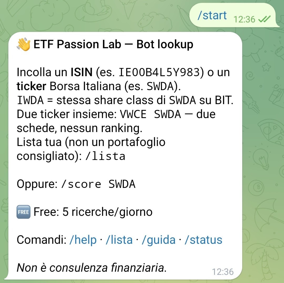 Messaggio /start del bot ETF Passion Lab